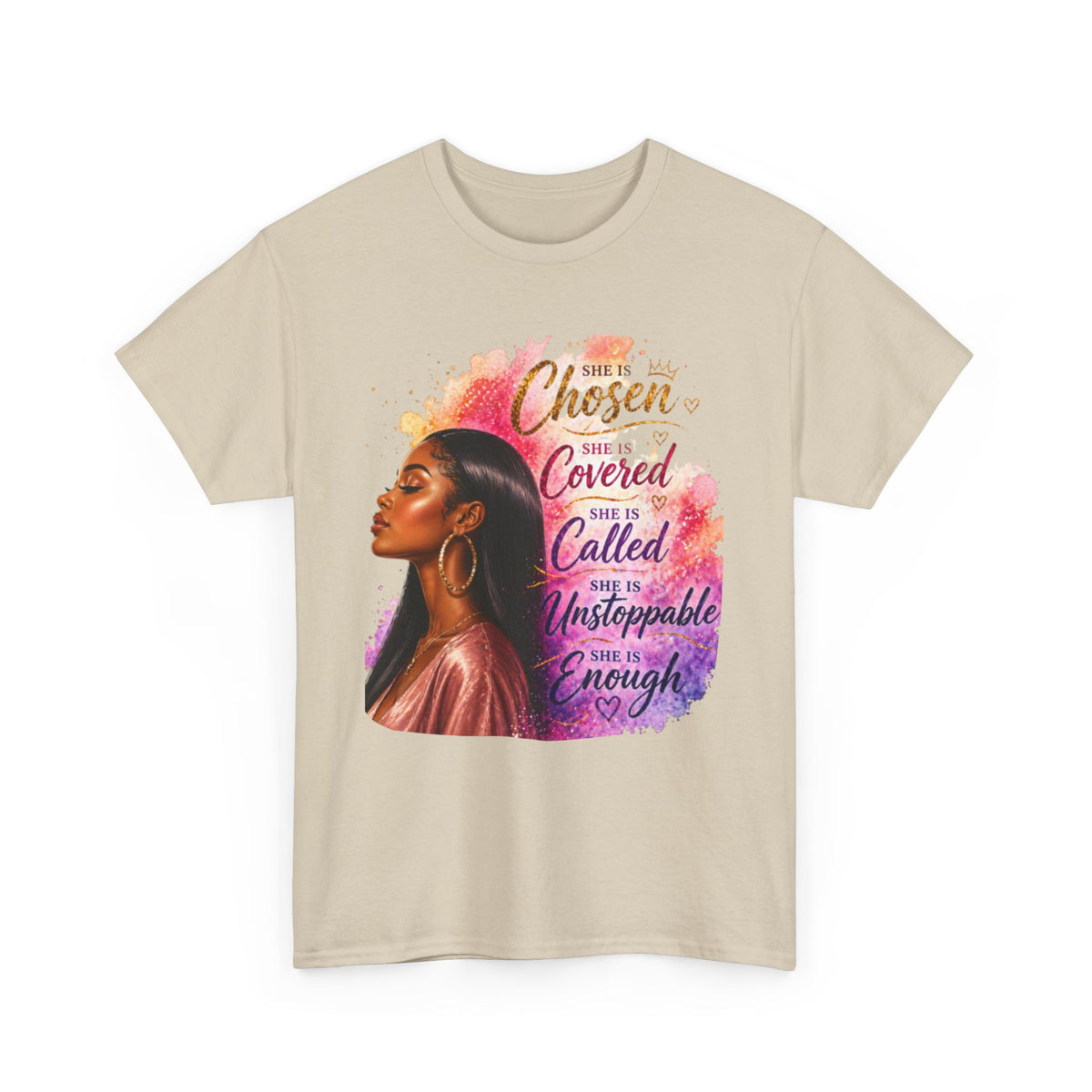 Inspirational Black Woman Portrait Tee — "Chosen, Covered, Called, Unstoppable" (01)