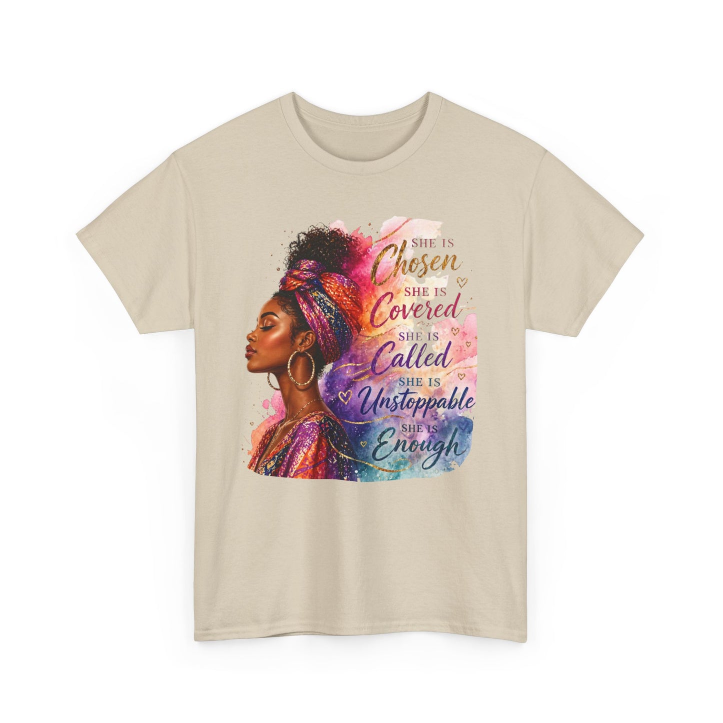 Inspirational Black Woman Portrait Tee — "Chosen, Covered, Called, Unstoppable" (02)