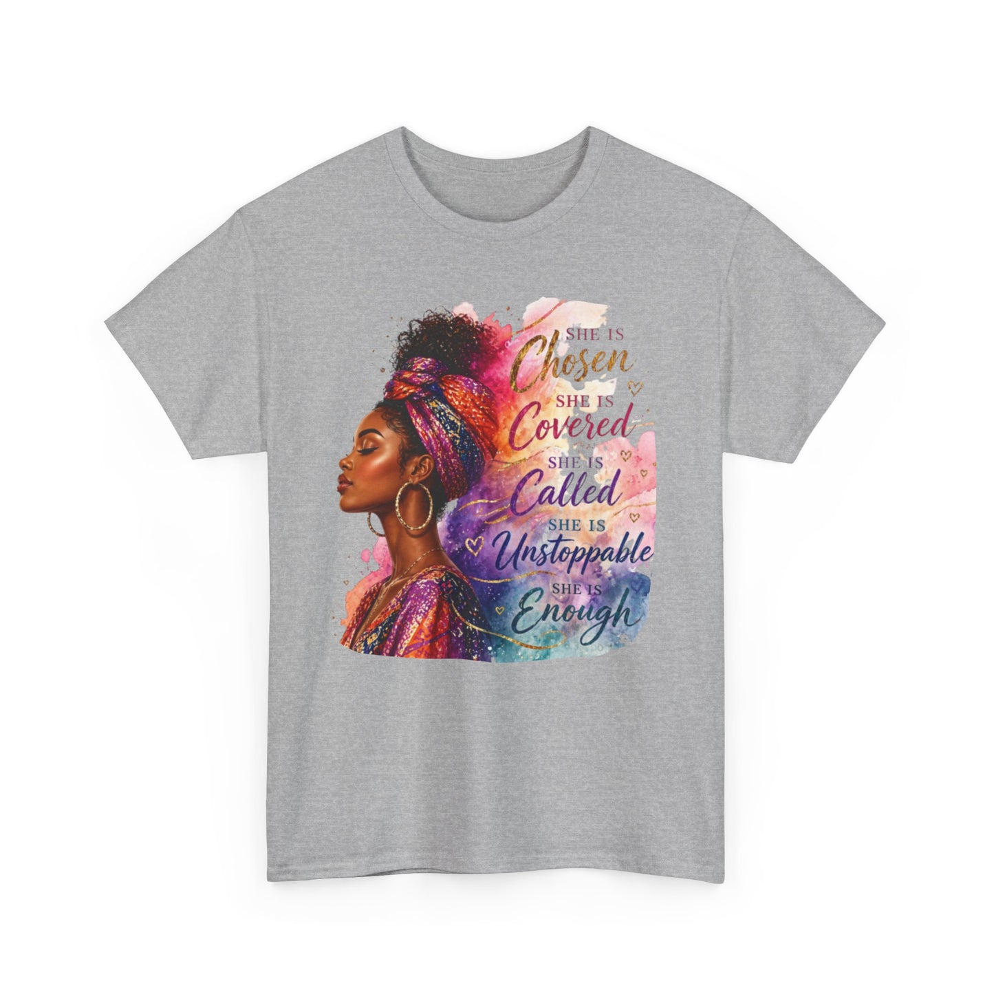 Inspirational Black Woman Portrait Tee — "Chosen, Covered, Called, Unstoppable" (02)