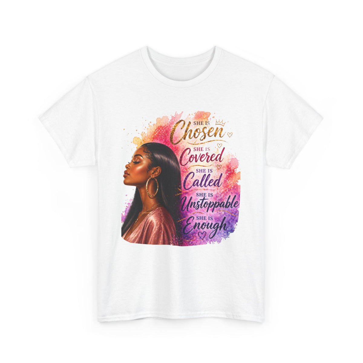 Inspirational Black Woman Portrait Tee — "Chosen, Covered, Called, Unstoppable" (01)