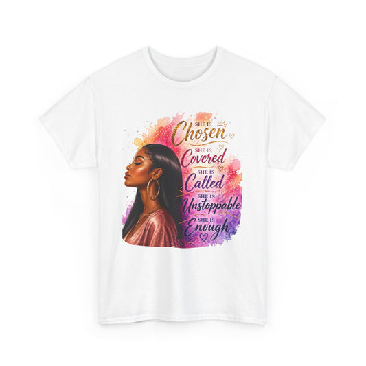 Inspirational Black Woman Portrait Tee — "Chosen, Covered, Called, Unstoppable" (01)