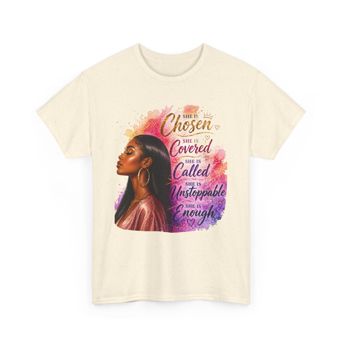 Inspirational Black Woman Portrait Tee — "Chosen, Covered, Called, Unstoppable" (01)