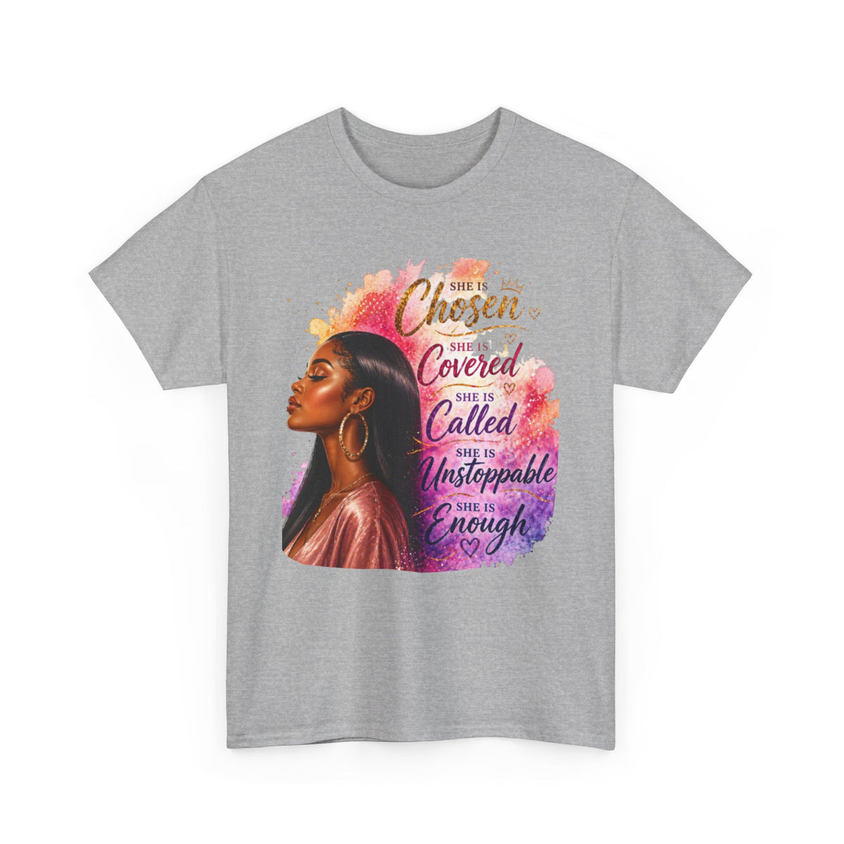 Inspirational Black Woman Portrait Tee — "Chosen, Covered, Called, Unstoppable" (01)
