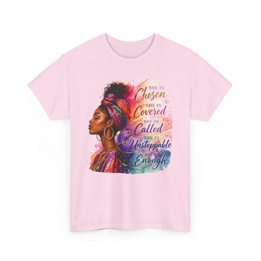 Inspirational Black Woman Portrait Tee — "Chosen, Covered, Called, Unstoppable"