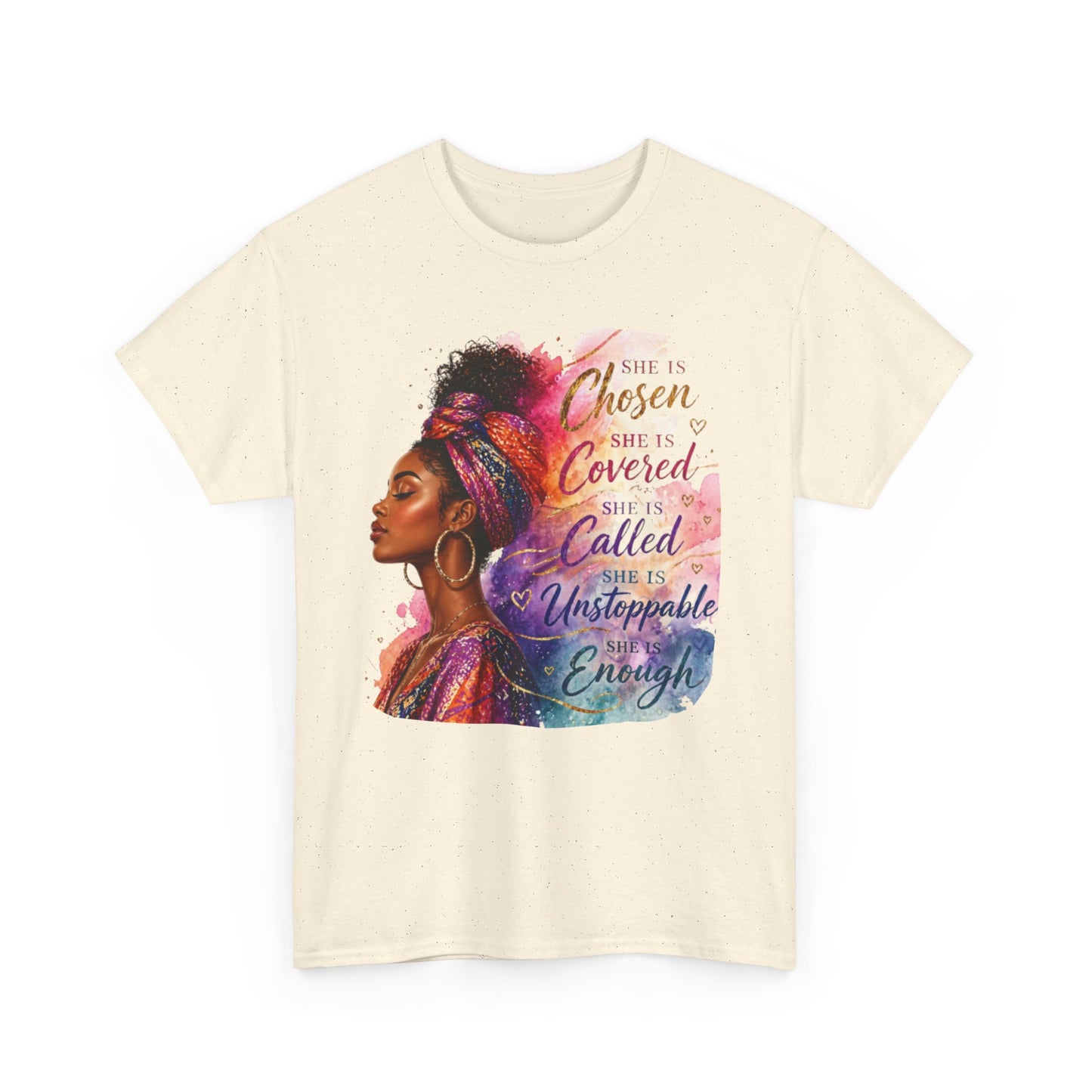 Inspirational Black Woman Portrait Tee — "Chosen, Covered, Called, Unstoppable" (02)