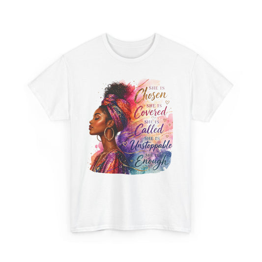 Inspirational Black Woman Portrait Tee — "Chosen, Covered, Called, Unstoppable"