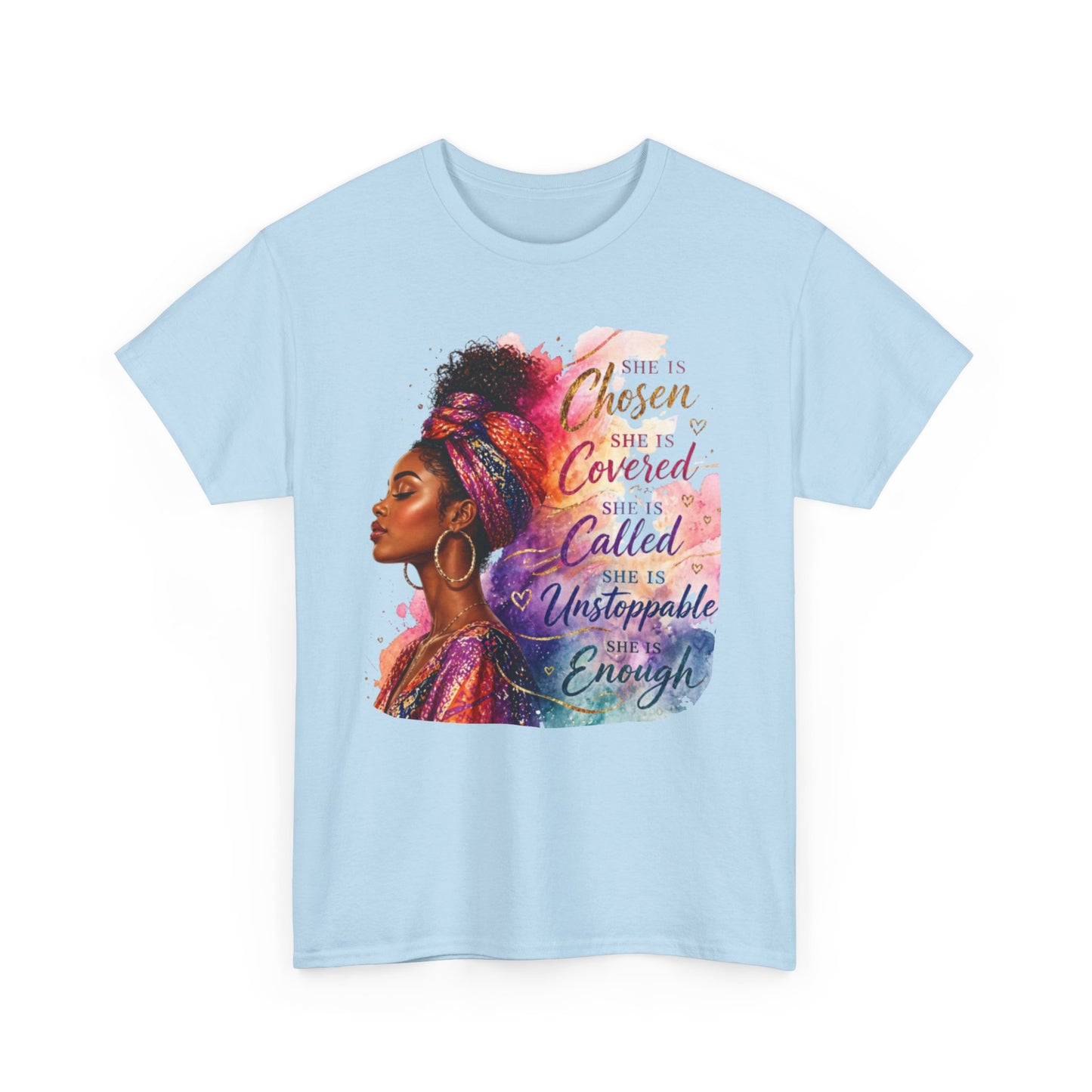 Inspirational Black Woman Portrait Tee — "Chosen, Covered, Called, Unstoppable" (02)