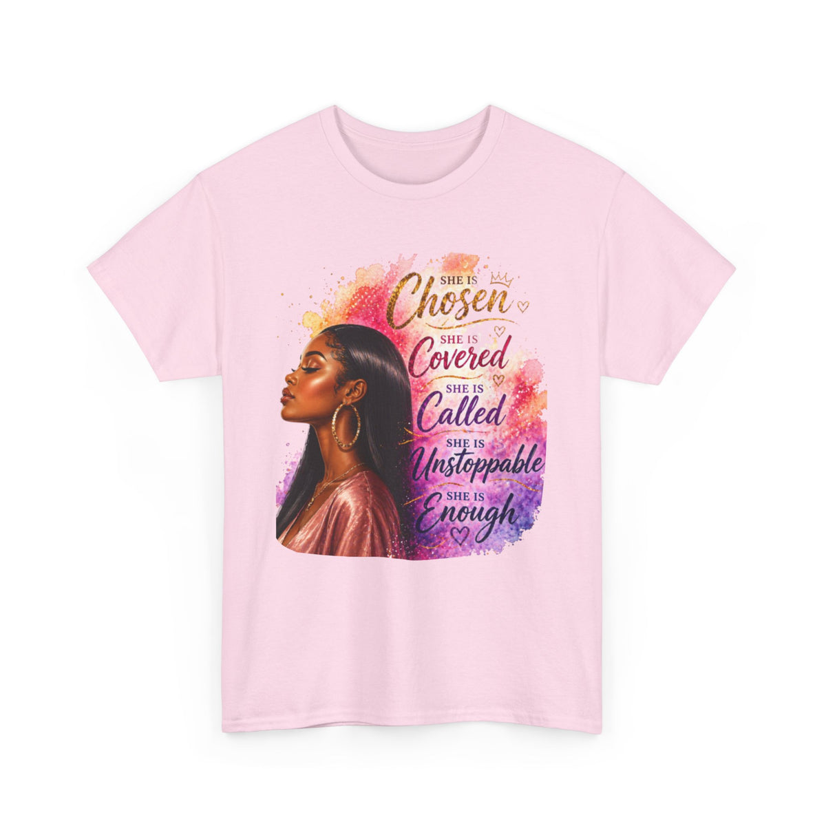 Inspirational Black Woman Portrait Tee — "Chosen, Covered, Called, Unstoppable" (01)