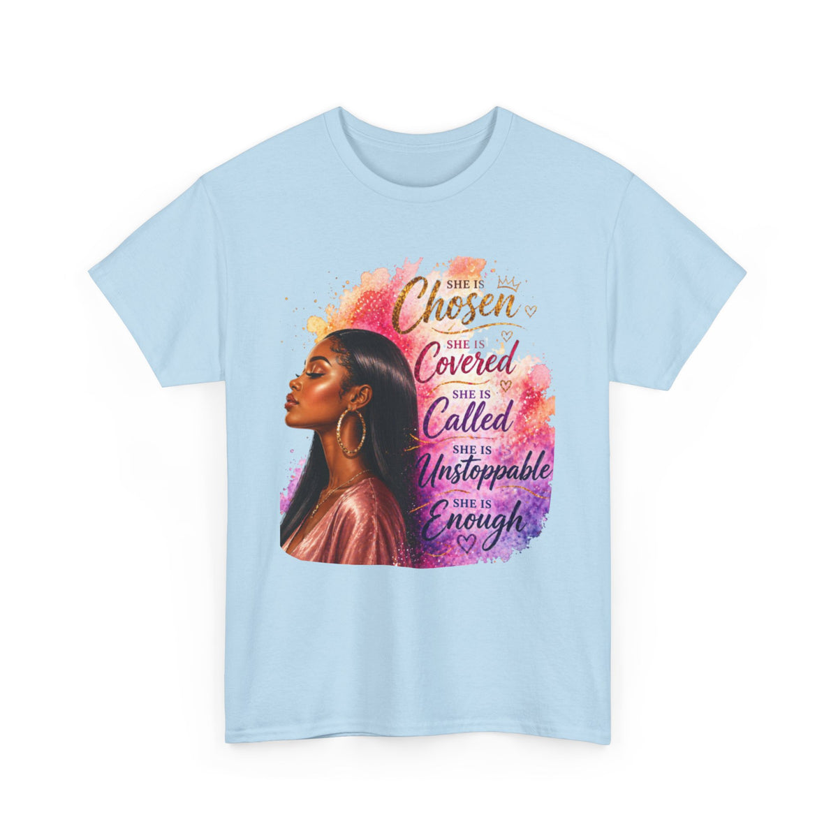 Inspirational Black Woman Portrait Tee — "Chosen, Covered, Called, Unstoppable" (01)